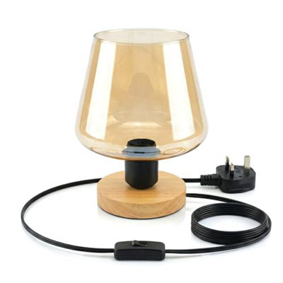 Ledsone Wooden Bedside Lamp With Amber Glass Shade 24Cm E27 Plug In Desk Light 2M Cable On Off Switch For Bedroom Or Living from B&Q