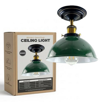 Industrial Semi Flush Mount Ceiling Lights Metal 21Cm Green Dome Lampshade With E27 Base Lighting Fixture from B&Q