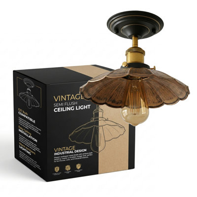 Industrial-Semi Flush Mount Ceiling Lighting E27 Base Metal 22Cm Umbrella Shape Brushed Copper Lamp Shade Living Room from B&Q