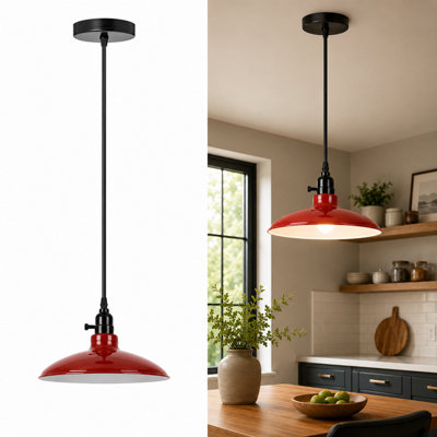  - Industrial Red Metal Pendant Light E27 Adjustable Hanging LampVintage Dome Ceiling Light With 95Cm Cable