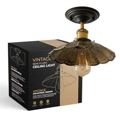 Industrial-Semi Flush Mount E27 Base Brushed Brass Ceiling Light Metal 22Cm Umbrella Lampshade Lighting For Farmhouse from B&Q