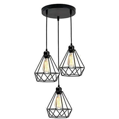  - Vintaged Industrial-Style 3-Head Pendant Light With E27 Socket And Black Wire Cage Shade.