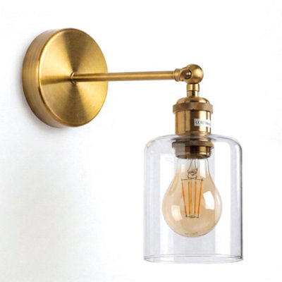 Industrial Brass Wall Sconce E27 Adjustable Swing Arm Light With Clear Glass Shade