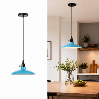 Industrial Light Blue Metal Pendant Lamp Shade E27 Compatible Kitchen Island Lighting Fixture from B&Q