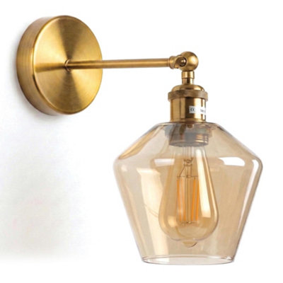 Vintage Brass Wall Sconce Amber Glass Shade 180 Adjustable Swing Arm E27 Industrial Loft Wall Lamp Fixture from B&Q