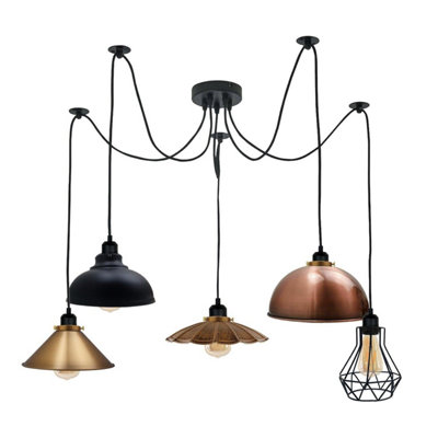  - Industrial 5-Head Pendant Light Fixture With Multi-Shades For Commercial SpacesE27 Chandelier For KitchenDiningCafe
