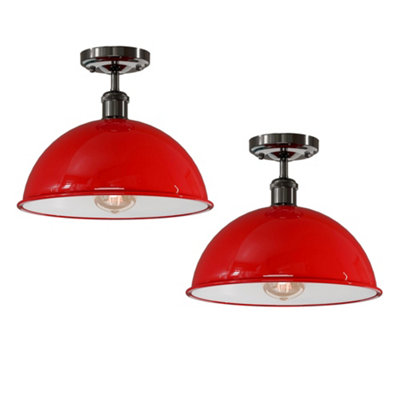  - 2 Pack Industrial-Semi Flush Mount Ceiling Light Metal 30Cm Dome Lampshade E27 Indoor Ceiling Lamp Fixture For Bedroom