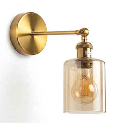 Vintage Brass Wall Light Amber Glass Shade 180 Adjustable Swing Arm E27 Indoor Sconce For Loft & Bedroom from B&Q