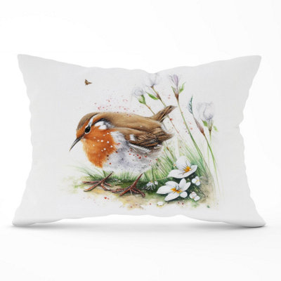 B&Q -  Robin And Daisies Watercolour Cushions 33Cm X 48Cm