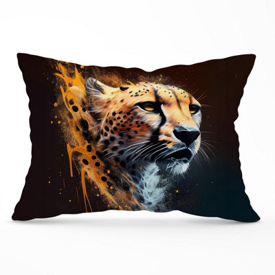 B&Q -  Cheetah Face Splashart Dark Background Cushions 33Cm X 48Cm