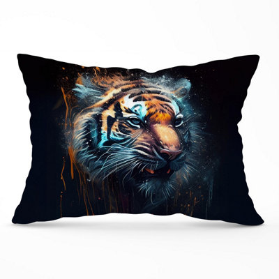 B&Q -  Tiger Face Splashart Dark Background Cushions 33Cm X 48Cm