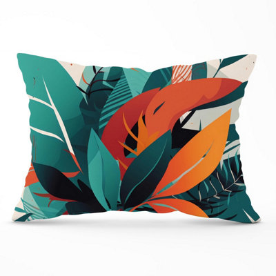 B&Q -  Green Orange Tropical Leaves Cushions 33Cm X 48Cm
