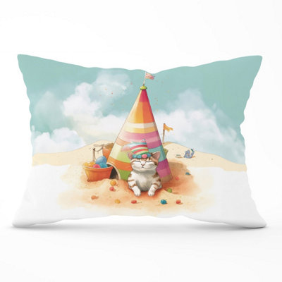B&Q -  Cat On A Beach Holiday Cushions 33Cm X 48Cm
