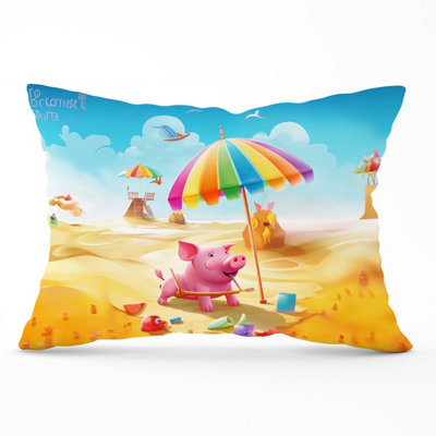 B&Q -  Pig On A Beach Holiday Cushions 33Cm X 48Cm