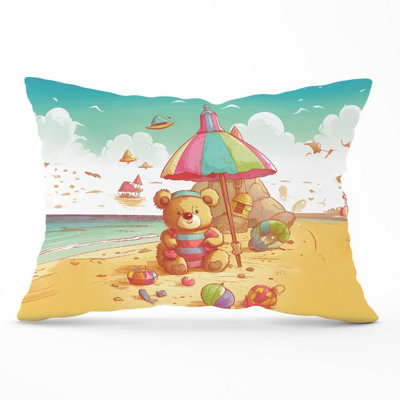 B&Q -  Lucky Teddy Bear On A Beach Holiday Cushions 33Cm X 48Cm