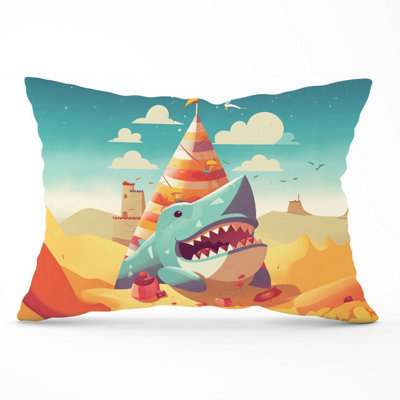 B&Q -  Shark On A Beach Holiday Cushions 33Cm X 48Cm