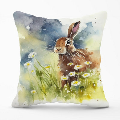 Warren Reed Designer Hare And Daisies Watercolour Outdoor Cushion 45Cm X 45Cm from B&Q
