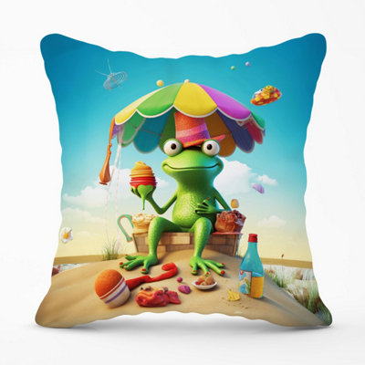 Warren Reed Designer Frog On A Beach Holiday Outdoor Cushion 45Cm X 45Cm from B&Q