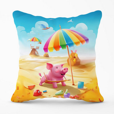 Warren Reed Designer Pig On A Beach Holiday Outdoor Cushion 45Cm X 45Cm from B&Q