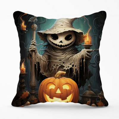Warren Reed Designer Creepy Ghost With Pumpkins Outdoor Cushion 45Cm X 45Cm from B&Q