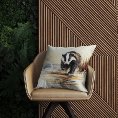 Warren Reed Designer Wading Badger Watercolour Outdoor Cushion 60Cm X 60Cm from B&Q