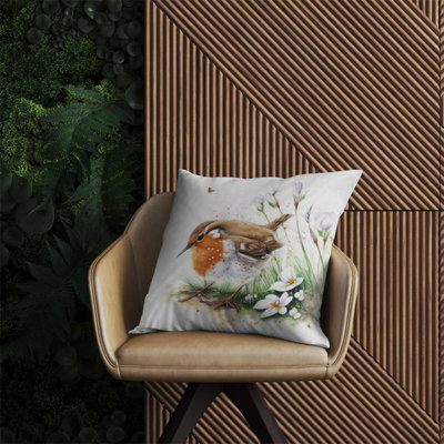 B&Q -  Robin And Daisies Watercolour Outdoor Cushion 60Cm X 60Cm