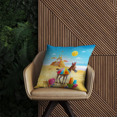 Warren Reed Designer Donkey On A Beach Holiday Outdoor Cushion 60Cm X 60Cm from B&Q