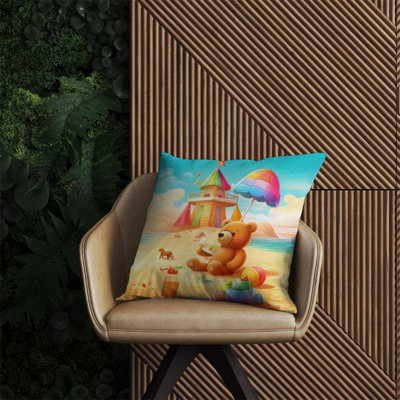 Warren Reed Designer Bear On A Beach Holiday Outdoor Cushion 60Cm X 60Cm from B&Q