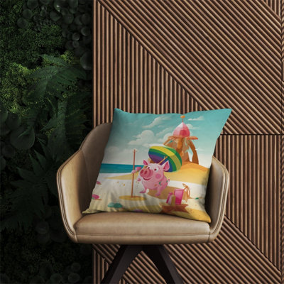 Warren Reed Designer Piglet On A Beach Holiday Outdoor Cushion 60Cm X 60Cm from B&Q