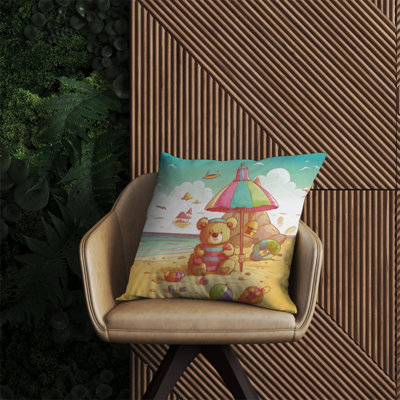 Warren Reed Designer Lucky Teddy Bear On A Beach Holiday Outdoor Cushion 60Cm X 60Cm from B&Q
