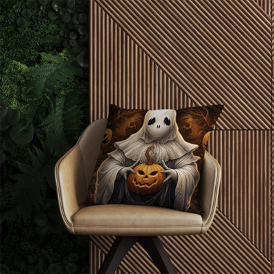 B&Q -  Spooky White Ghost Holding Pumpkin Outdoor Cushion 60Cm X 60Cm