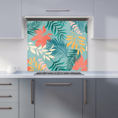 Warren Reed Designer Abstract Bright Colorful Tropical Leaves Premium Glass Kitchen Splashback W900mm X H650mm from B&Q