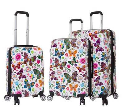 Infinity Luggage Printed Dual 4 Wheel Luggage Set Of 3 Hard Shell Suitcase In Butterfly