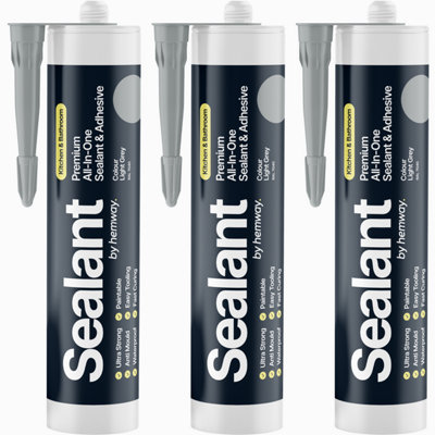 B&Q -  Hybrid Polymer Sealant & Adhesive Light Grey Waterproof Anti Mould Shower Bath Kitchen Bathroom All-In-One 3 Pack