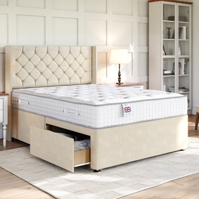 Divan Base Direct Plush Cream Platform Top Divan Bed Base 3Ft Single With 2 Drawers + Chesterfield Strutted Headboard
