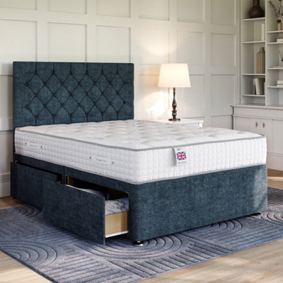 Divan Base Direct Chenille Navy Platform Top Divan Bed No Storage Base 3Ft Single + Chesterfield Strutted Headboard