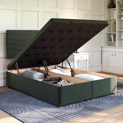 B&Q -  Plush Emerald Green Ottoman Divan 4Ft6 Double Side Lift Ottoman + Sandringham Floor Standing Headboard
