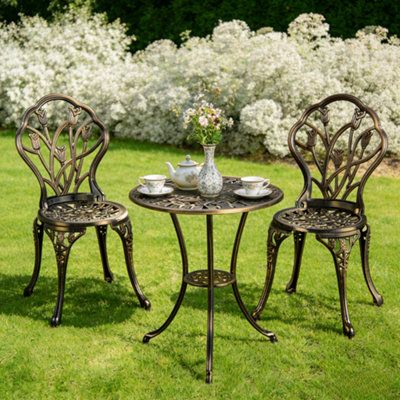 Yaheetech Bronze 3 Piece Patio Bistro Table Set2 Seater Metal Garden Table & Chairs Bistro Coffee Table Set With Umbrella Hole from B&Q