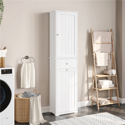 Yaheetech White Freestanding Tall Bathroom Cabinet With Laundry Basket And Adjustable Storage Shelves from B&Q