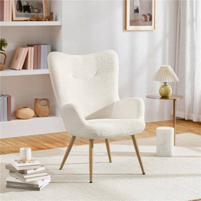 Yaheetech Ivory Boucle Accent Chair With Wood-Tone Metal Legs from B&Q