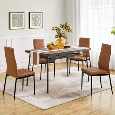 Yaheetech 4Pcs Retro Brown Upholstered Faux Leather Dining Chairs With Petal Accented High Backrest