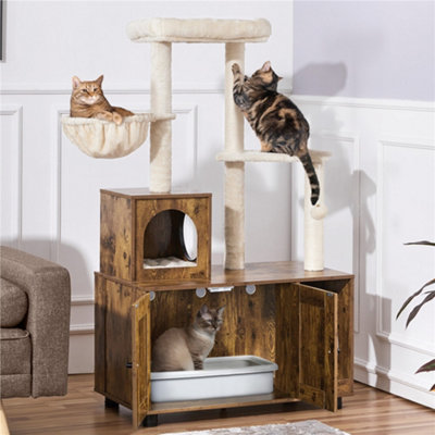 B&Q -  2-In-1 Large Cat Tree Furniture With Table Rustic Brown