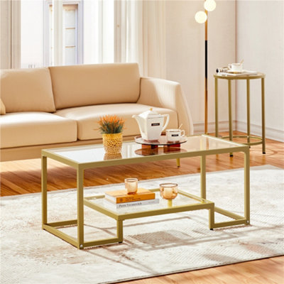 Yaheetech 2-Layer Tempered Glass Coffee Table For Living Room Gold from B&Q
