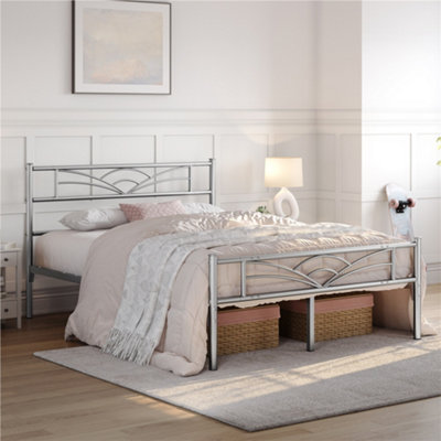 B&Q -  Silver Double Metal Platform Bed With Cloud-Inspired Design Headboard