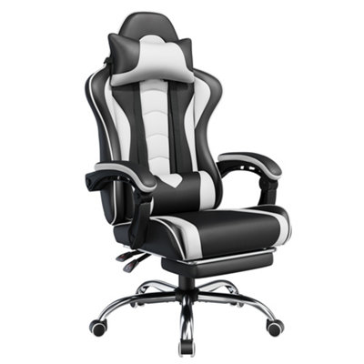 Yaheetech Erogonomic Gaming Chair With Massage Lumbar Pillow - White