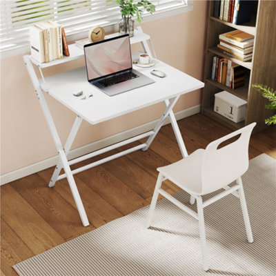 Yaheetech White 2 Tier Modern Foldable Computer Desk With Monitor Shelf from B&Q