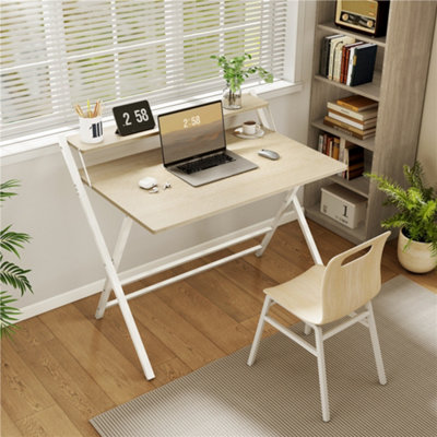 Yaheetech Light Natural Wood 2 Tier Foldable Computer Desk With Monitor Shelf from B&Q