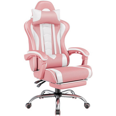 B&Q -  Ergonomic Gaming Chair W/ Footrest And Massage Lumbar PillowPink/white