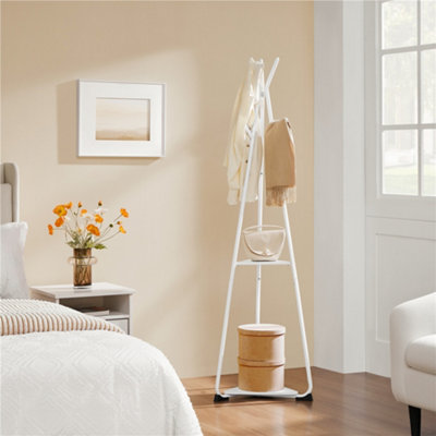 Yaheetech White Modern Freestanding Coat Rack With 2 Shelves And 6 Hooks from B&Q