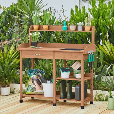Yaheetech Brown Garden Potting Bench With Solid Wood ConstructionSinkDrawerShelves from B&Q